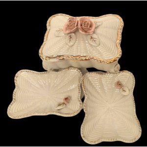 Trinket Box Footed With 2 Trays Porcelain Vintage Keepsake Pink Roses Leaves